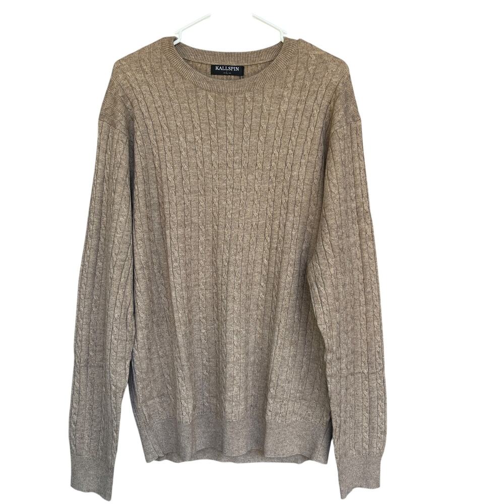 Kallspin Sweater Mens Large Beige Cable Knit Wool Blend Pullover Crewneck Casual
